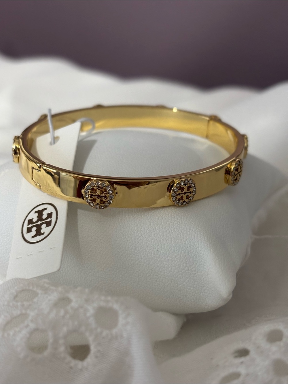 Tory Burch Polished Gold Logo Medallion Bangle Bracelet